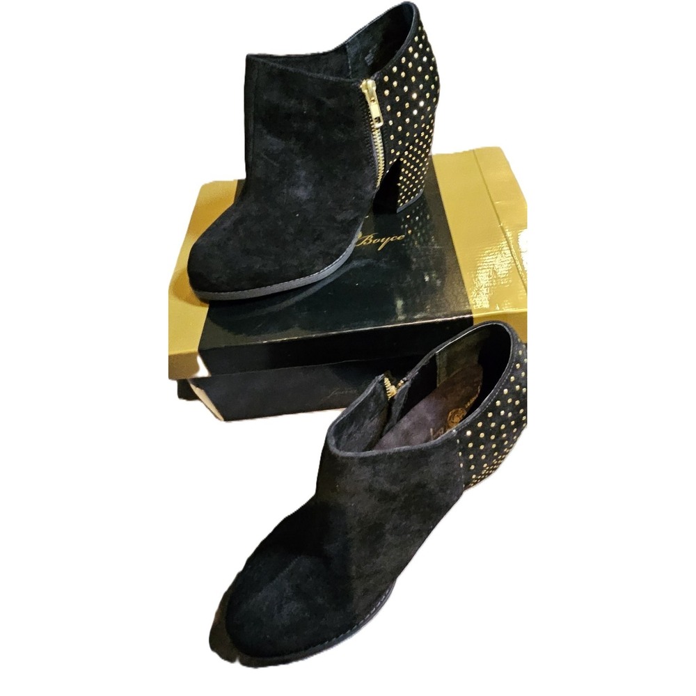Joan Boyce Black SuedeGold Studded Chuky Block Heel ZipSide Ankle Booties SZ 10W